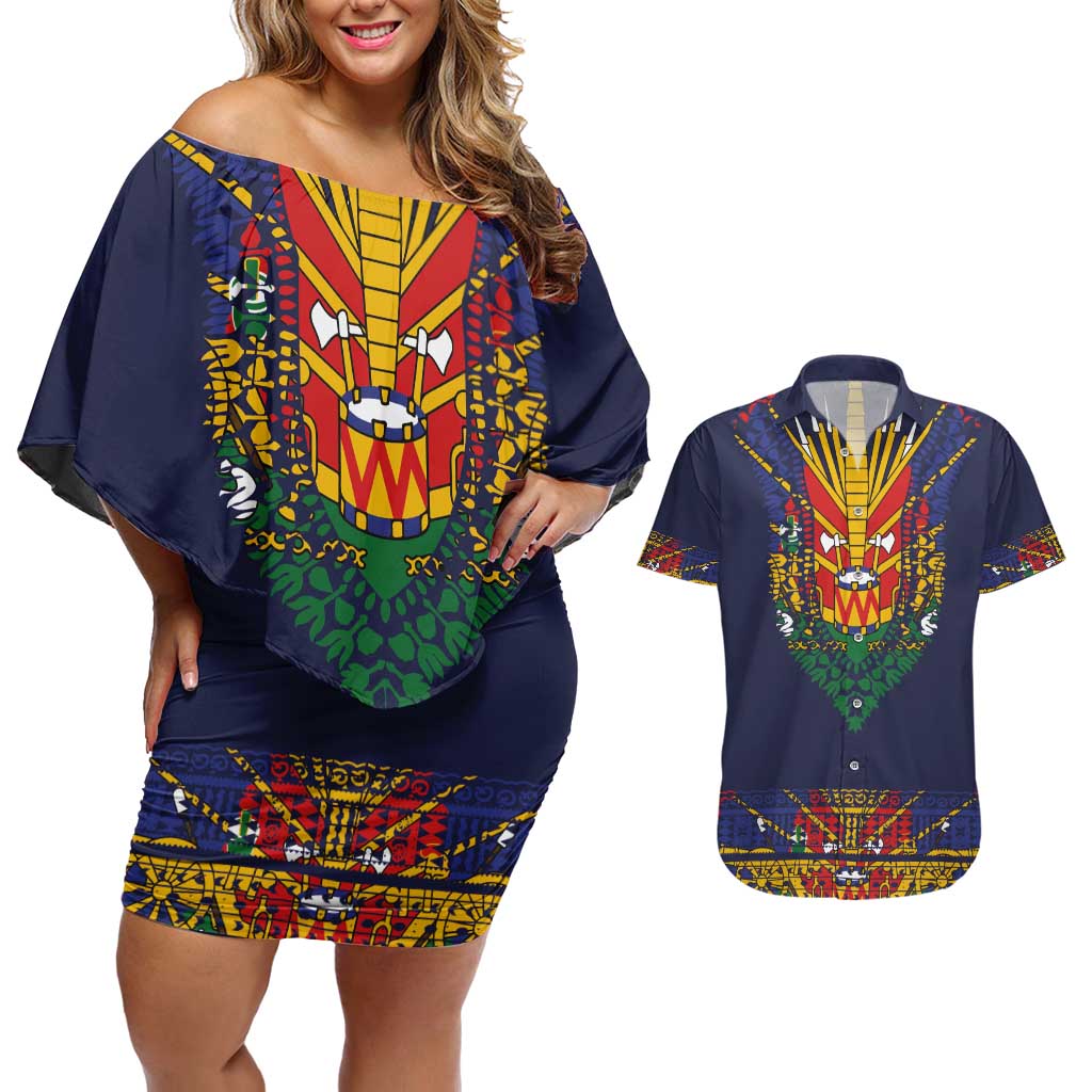 Haiti Flag Traditional Dashiki Couples Matching Off Shoulder Short Dress and Hawaiian Shirt Black Color - Polynesian Pride