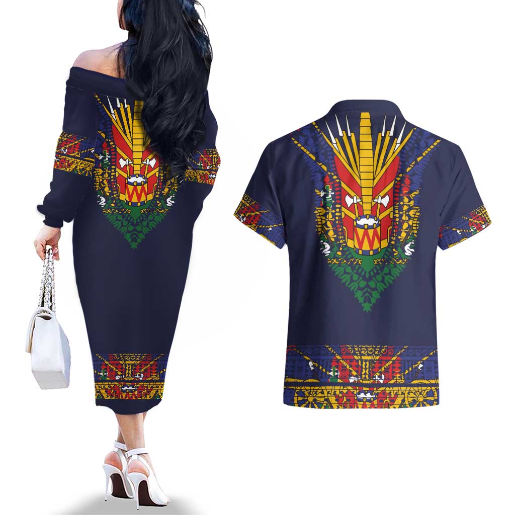 Haiti Flag Traditional Dashiki Couples Matching Off The Shoulder Long Sleeve Dress and Hawaiian Shirt Black Color - Polynesian Pride