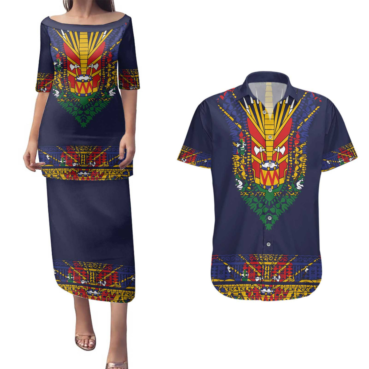 Haiti Flag Traditional Dashiki Couples Matching Puletasi and Hawaiian Shirt Black Color LT03 Black - Polynesian Pride