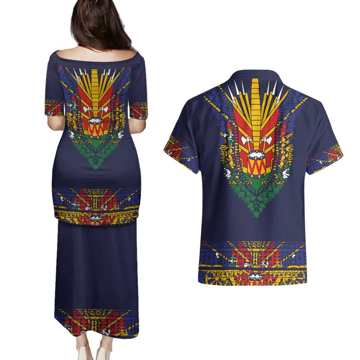 Haiti Flag Traditional Dashiki Couples Matching Puletasi and Hawaiian Shirt Black Color LT03 - Polynesian Pride