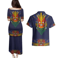 Haiti Flag Traditional Dashiki Couples Matching Puletasi and Hawaiian Shirt Black Color LT03 - Polynesian Pride