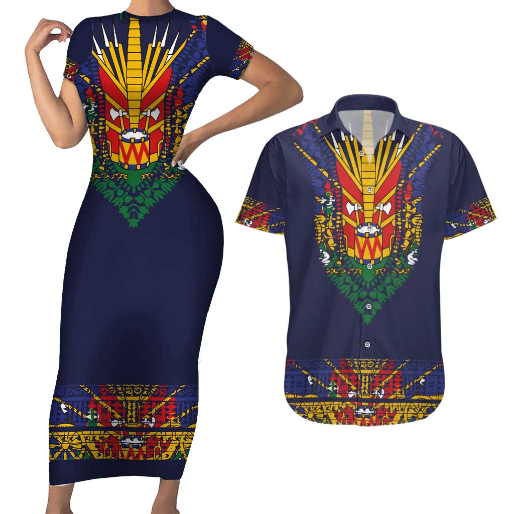 Haiti Flag Traditional Dashiki Couples Matching Short Sleeve Bodycon Dress and Hawaiian Shirt Black Color LT03 Black - Polynesian Pride