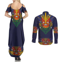 Haiti Flag Traditional Dashiki Couples Matching Summer Maxi Dress and Long Sleeve Button Shirt Black Color LT03 - Polynesian Pride