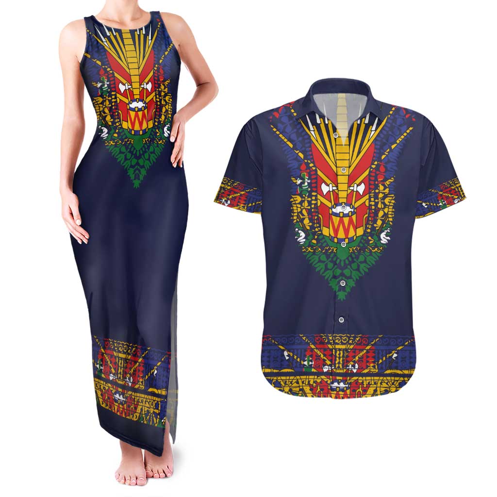 Haiti Flag Traditional Dashiki Couples Matching Tank Maxi Dress and Hawaiian Shirt Black Color LT03 Black - Polynesian Pride