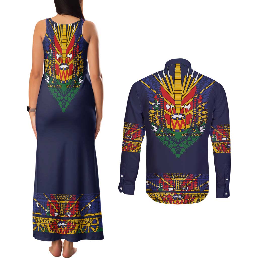 Haiti Flag Traditional Dashiki Couples Matching Tank Maxi Dress and Long Sleeve Button Shirt Black Color LT03 - Polynesian Pride