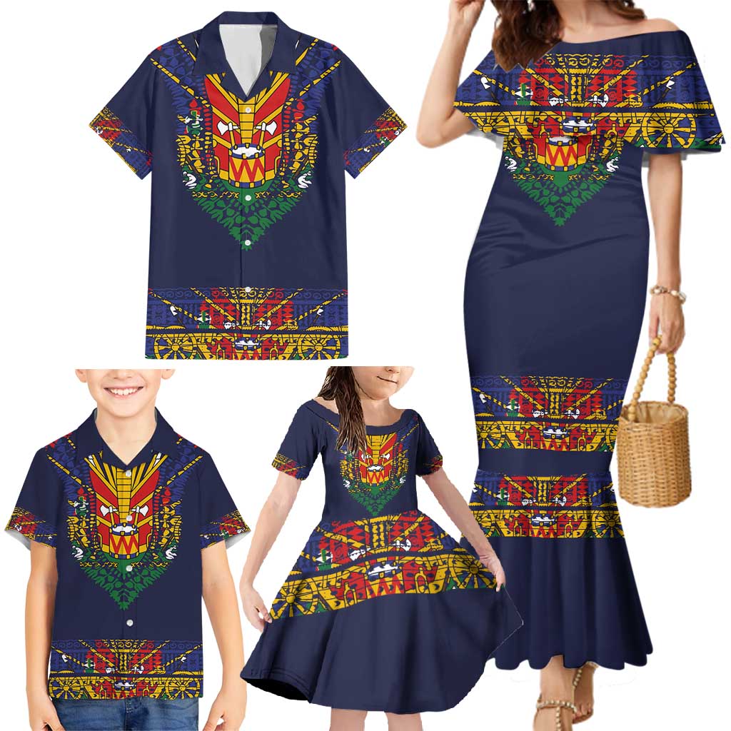 Haiti Flag Traditional Dashiki Family Matching Mermaid Dress and Hawaiian Shirt Black Color LT03 - Polynesian Pride