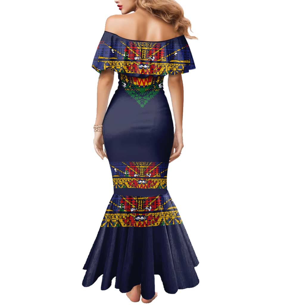 Haiti Flag Traditional Dashiki Family Matching Mermaid Dress and Hawaiian Shirt Black Color - Polynesian Pride