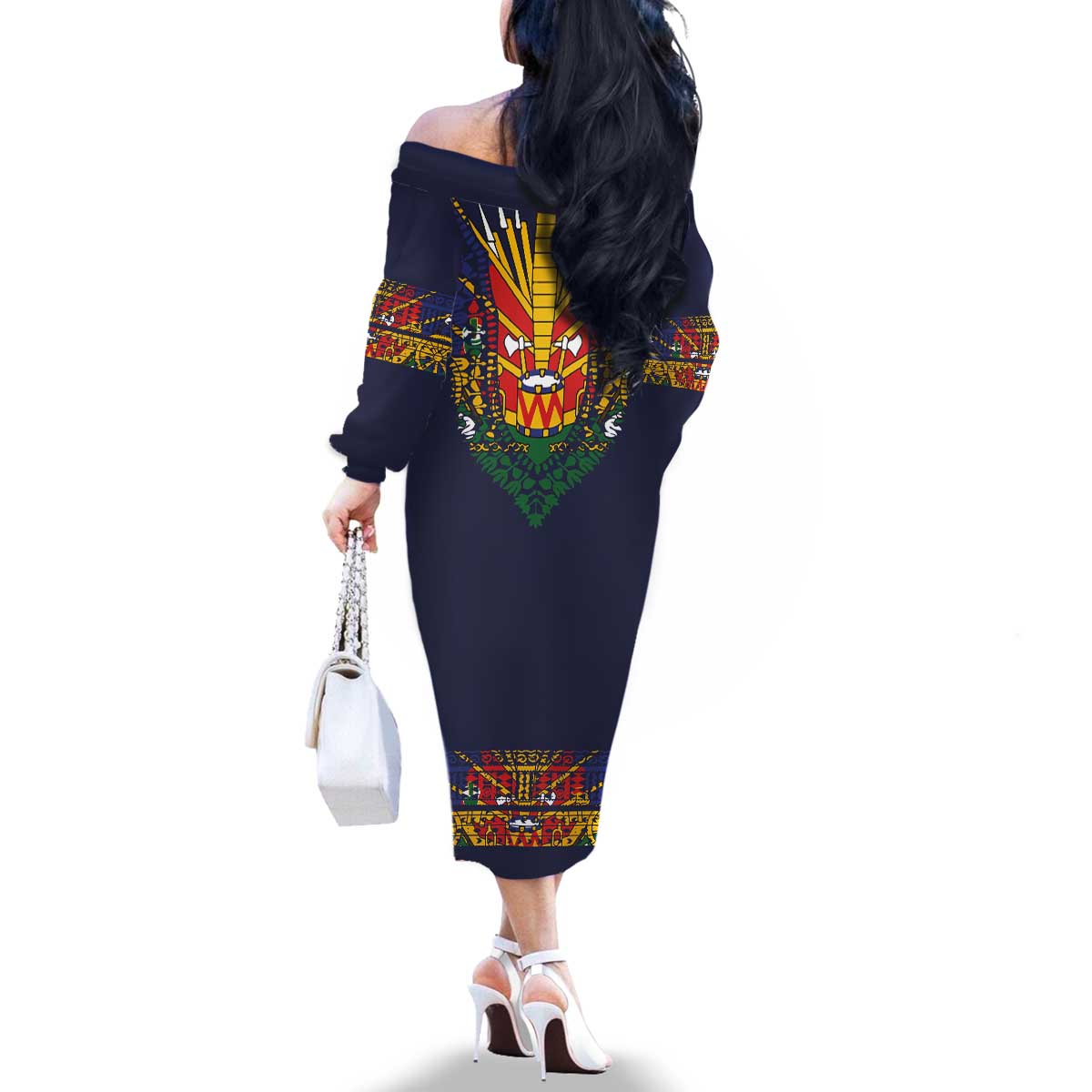 Haiti Flag Traditional Dashiki Family Matching Off The Shoulder Long Sleeve Dress and Hawaiian Shirt Black Color - Polynesian Pride