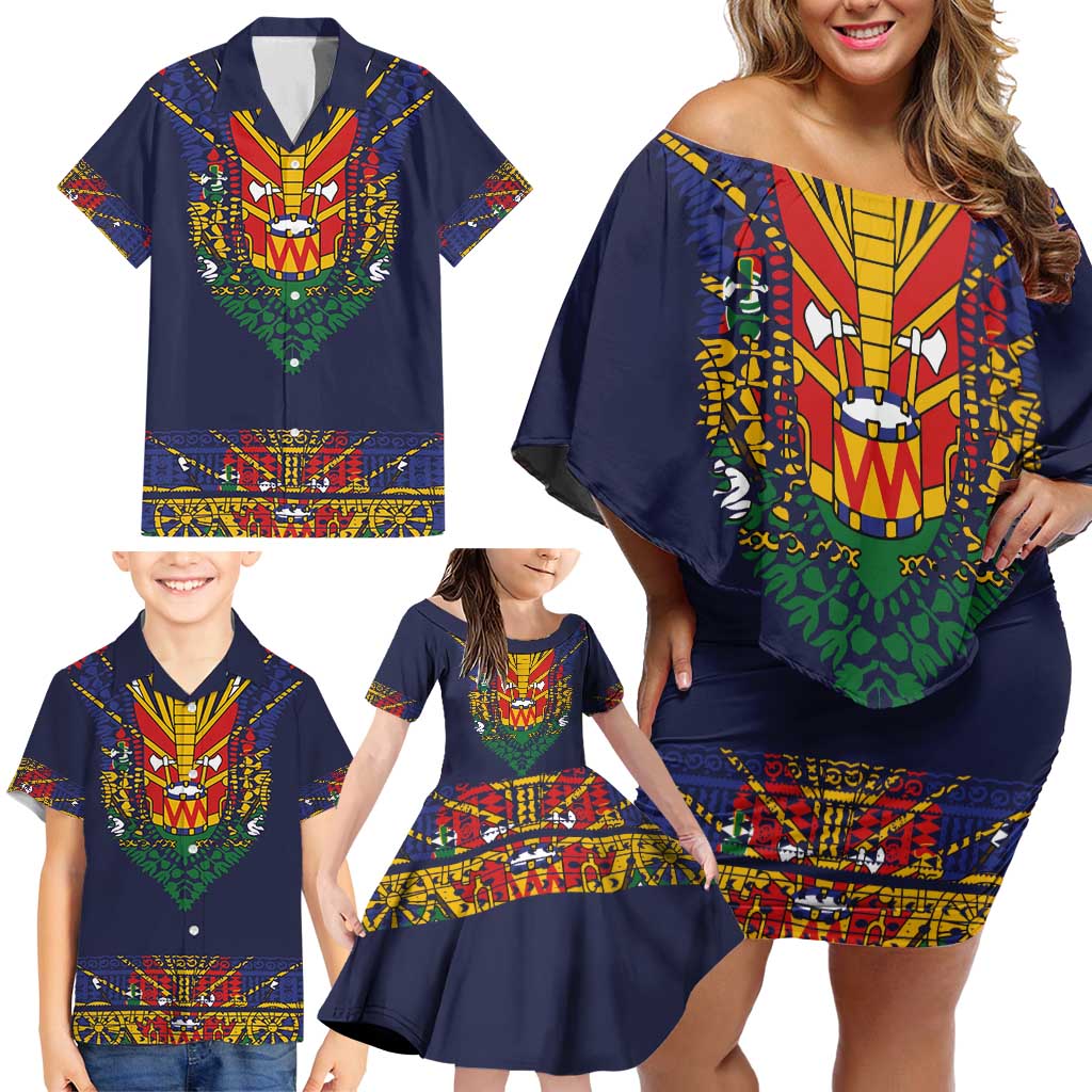 Haiti Flag Traditional Dashiki Family Matching Off Shoulder Short Dress and Hawaiian Shirt Black Color LT03 - Polynesian Pride
