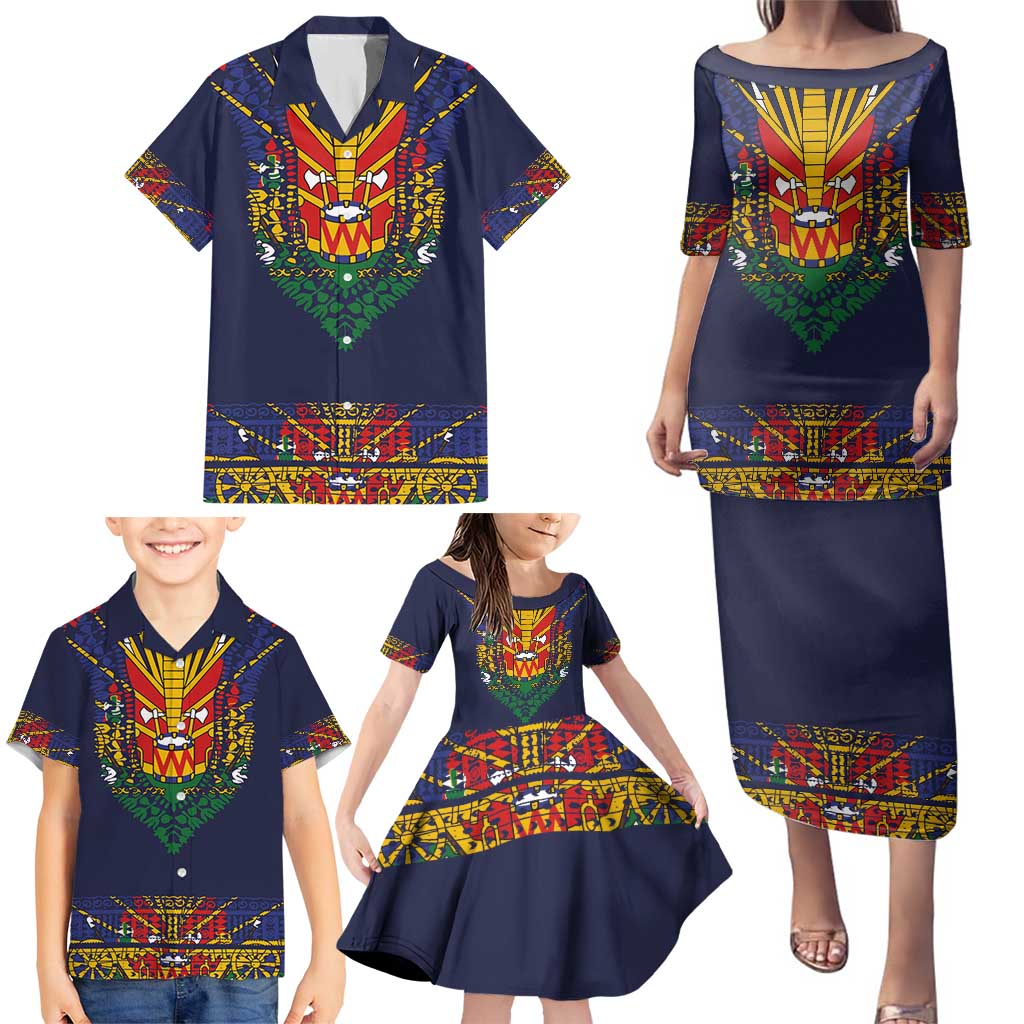 Haiti Flag Traditional Dashiki Family Matching Puletasi and Hawaiian Shirt Black Color LT03 - Polynesian Pride