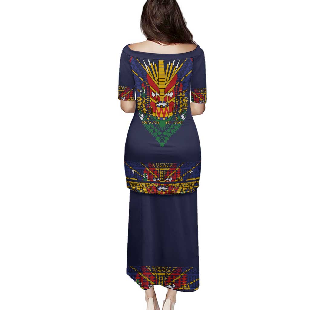 Haiti Flag Traditional Dashiki Family Matching Puletasi and Hawaiian Shirt Black Color - Polynesian Pride