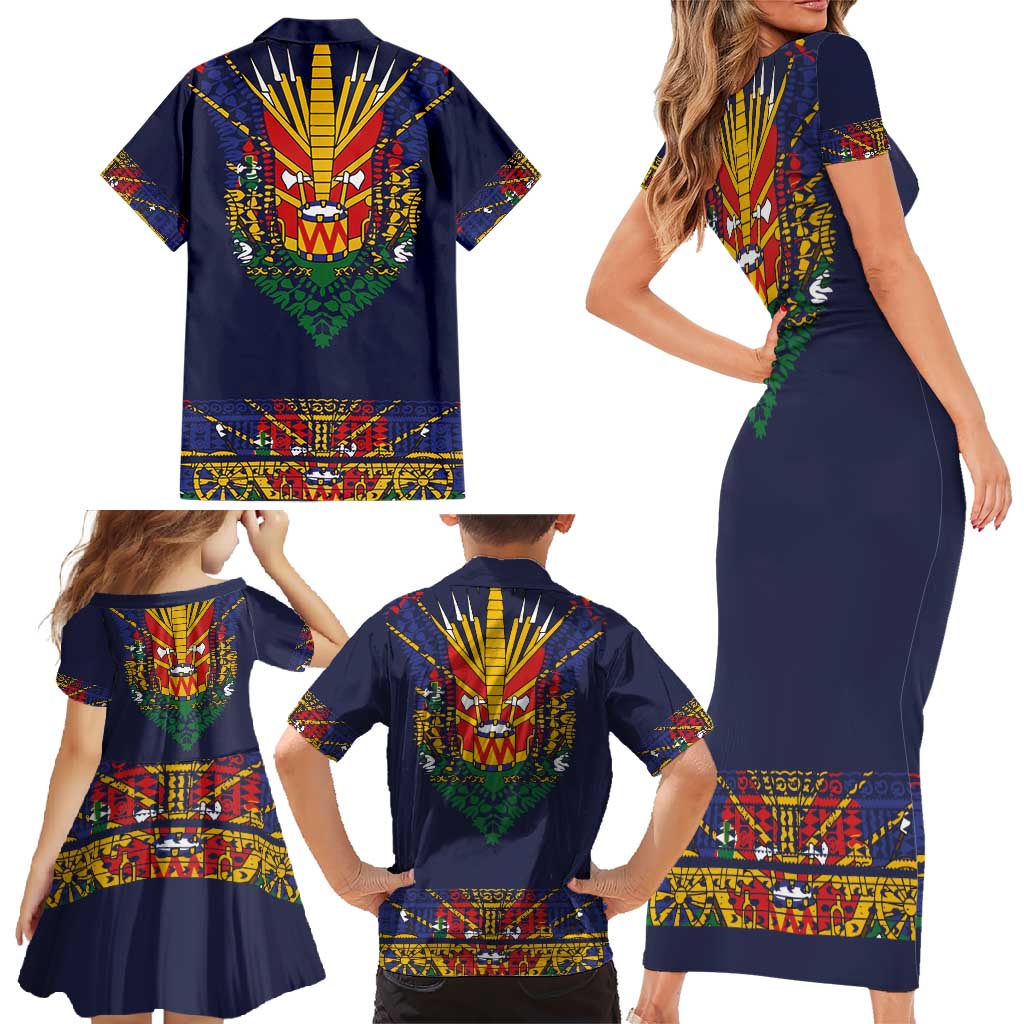 Haiti Flag Traditional Dashiki Family Matching Short Sleeve Bodycon Dress and Hawaiian Shirt Black Color - Polynesian Pride