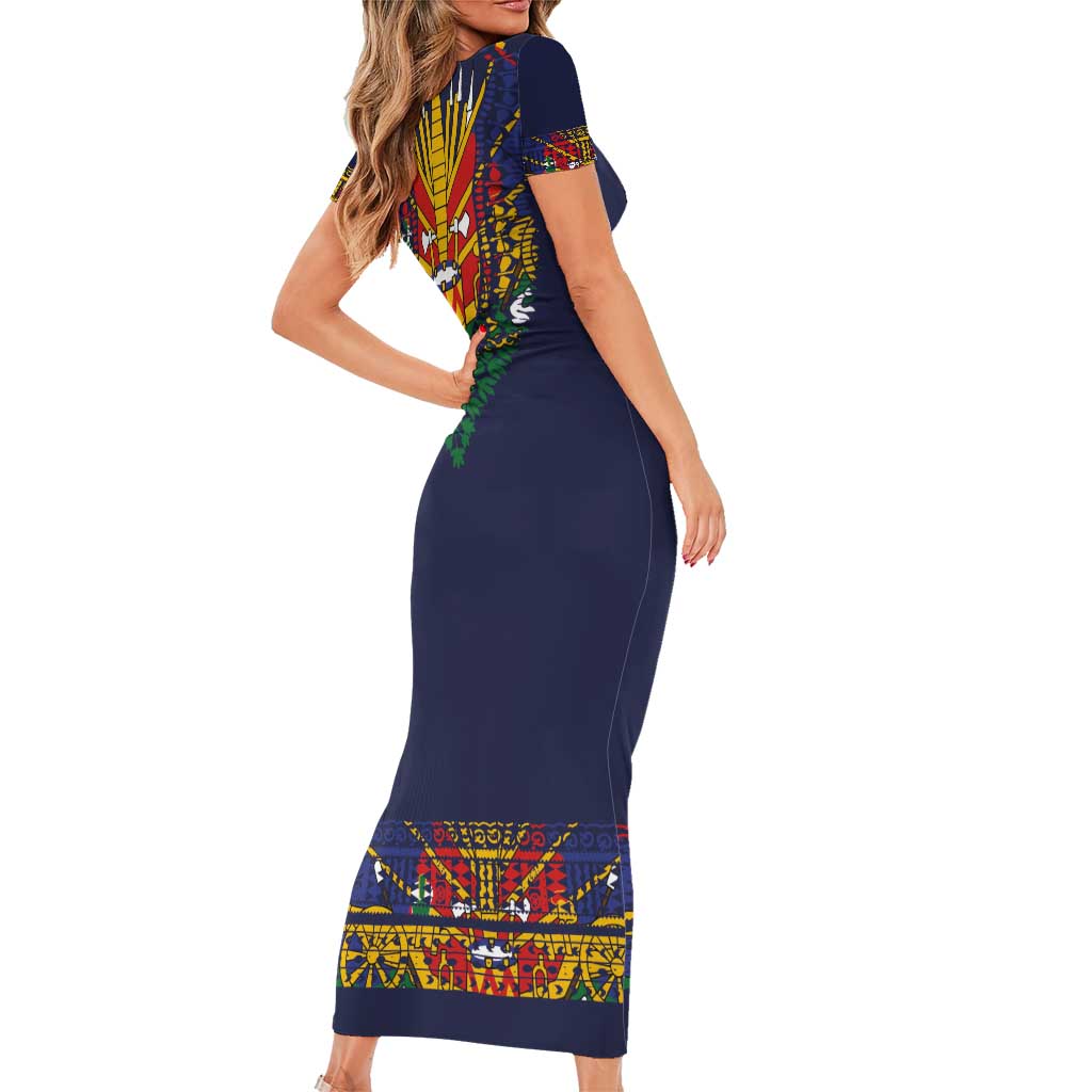 Haiti Flag Traditional Dashiki Family Matching Short Sleeve Bodycon Dress and Hawaiian Shirt Black Color - Polynesian Pride
