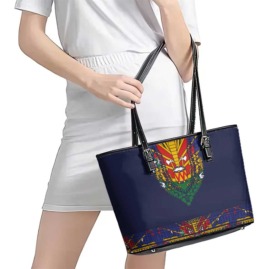 Haiti Flag Traditional Dashiki Leather Tote Bag Black Color - Polynesian Pride