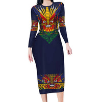 Haiti Flag Traditional Dashiki Long Sleeve Bodycon Dress Black Color - Polynesian Pride