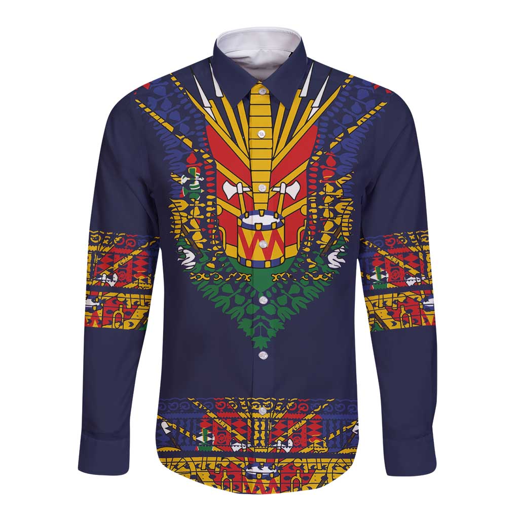 Haiti Flag Traditional Dashiki Long Sleeve Button Shirt Black Color - Polynesian Pride