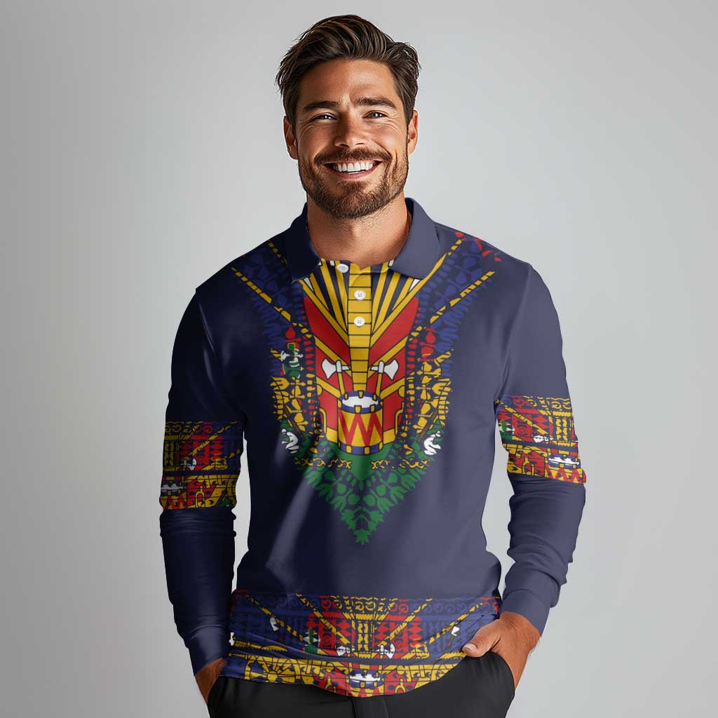 Haiti Flag Traditional Dashiki Long Sleeve Polo Shirt Black Color - Polynesian Pride