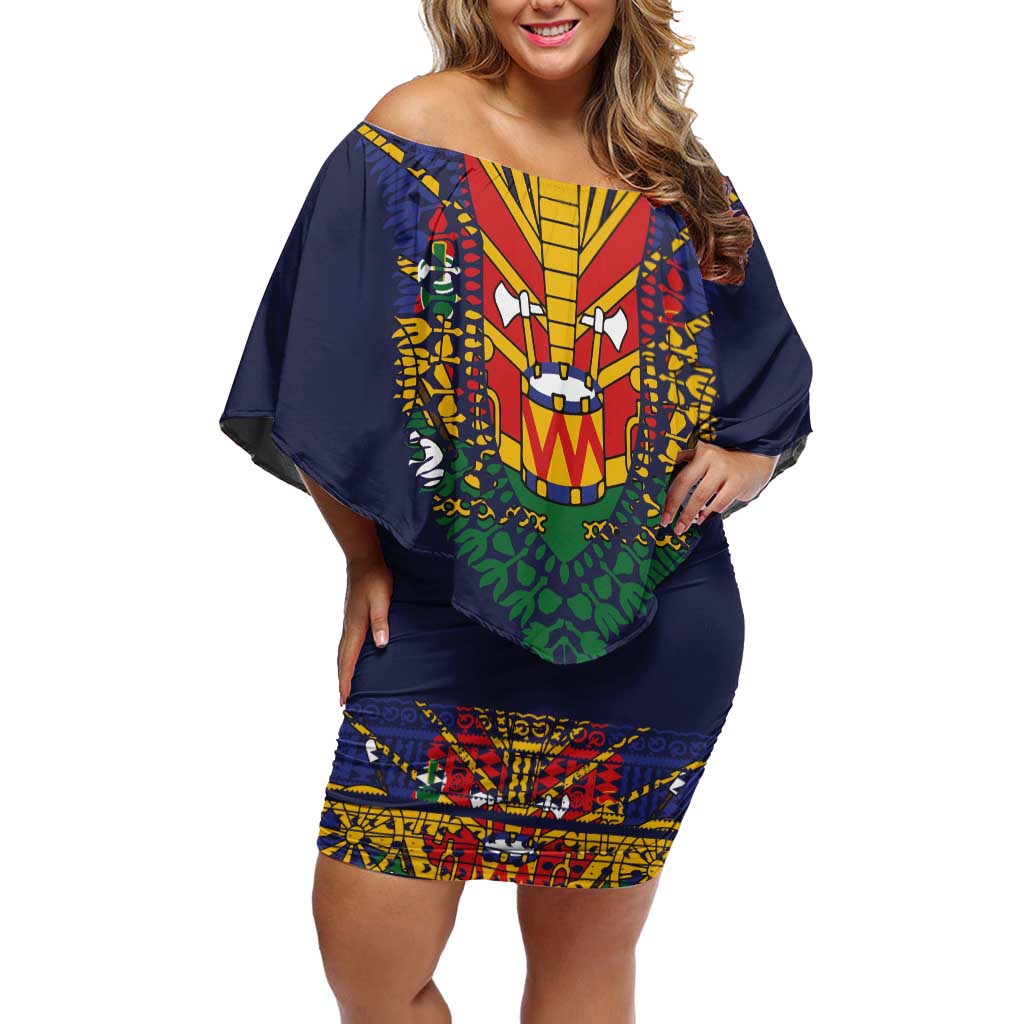 Haiti Flag Traditional Dashiki Off Shoulder Short Dress Black Color - Polynesian Pride