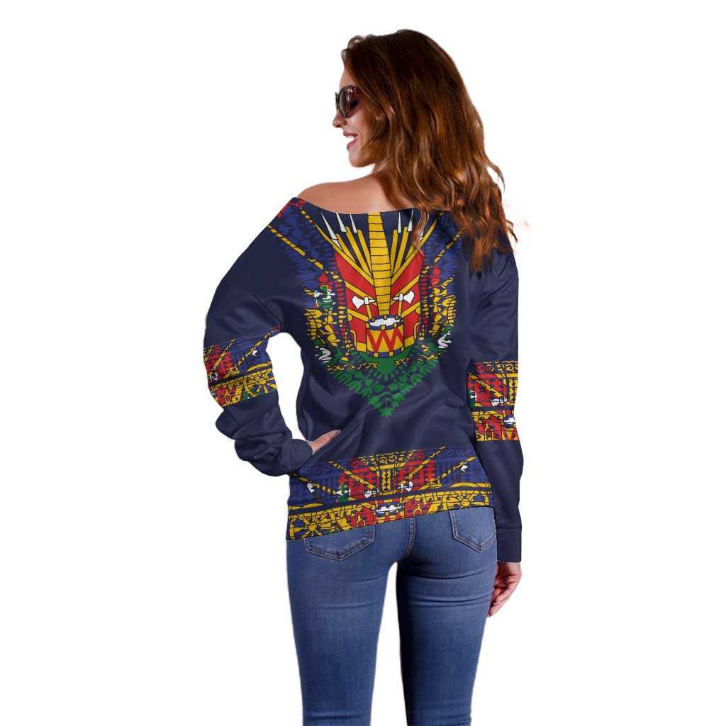 Haiti Flag Traditional Dashiki Off Shoulder Sweater Black Color - Polynesian Pride