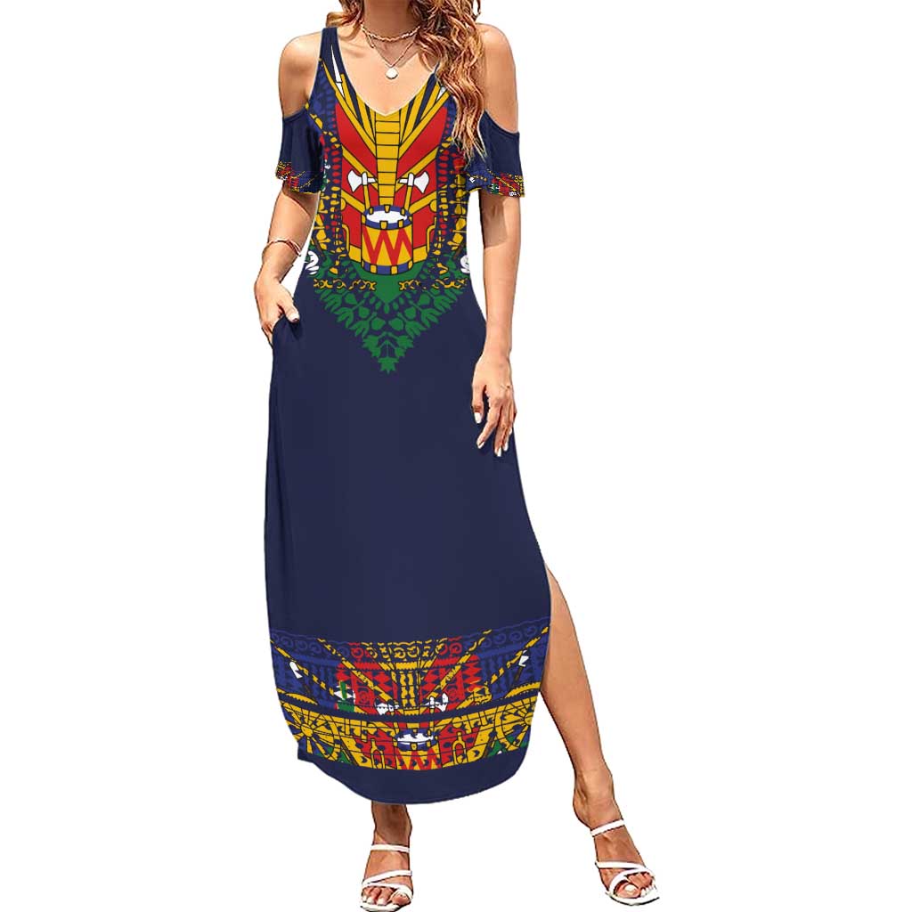 Haiti Flag Traditional Dashiki Summer Maxi Dress Black Color - Polynesian Pride