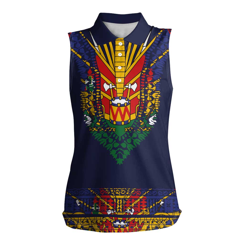 Haiti Flag Traditional Dashiki Women Sleeveless Polo Shirt Black Color - Polynesian Pride
