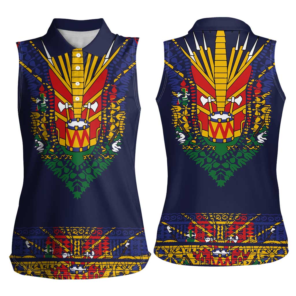 Haiti Flag Traditional Dashiki Women Sleeveless Polo Shirt Black Color - Polynesian Pride