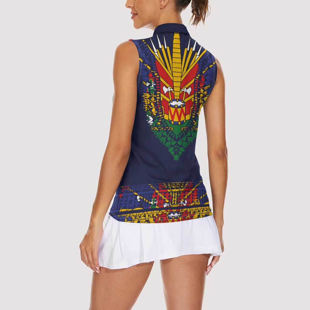 Haiti Flag Traditional Dashiki Women Sleeveless Polo Shirt Black Color - Polynesian Pride