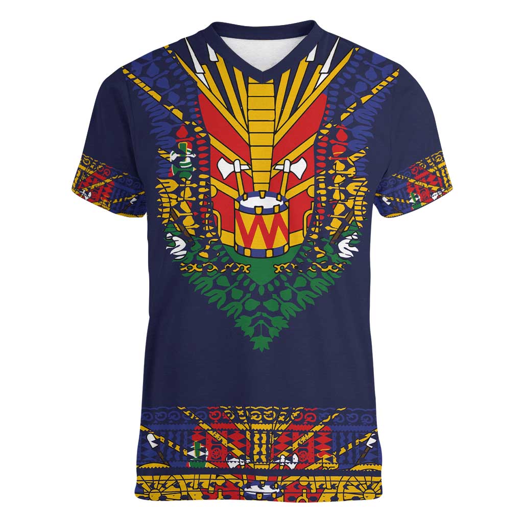 Haiti Flag Traditional Dashiki Women V-Neck T-Shirt Black Color - Polynesian Pride