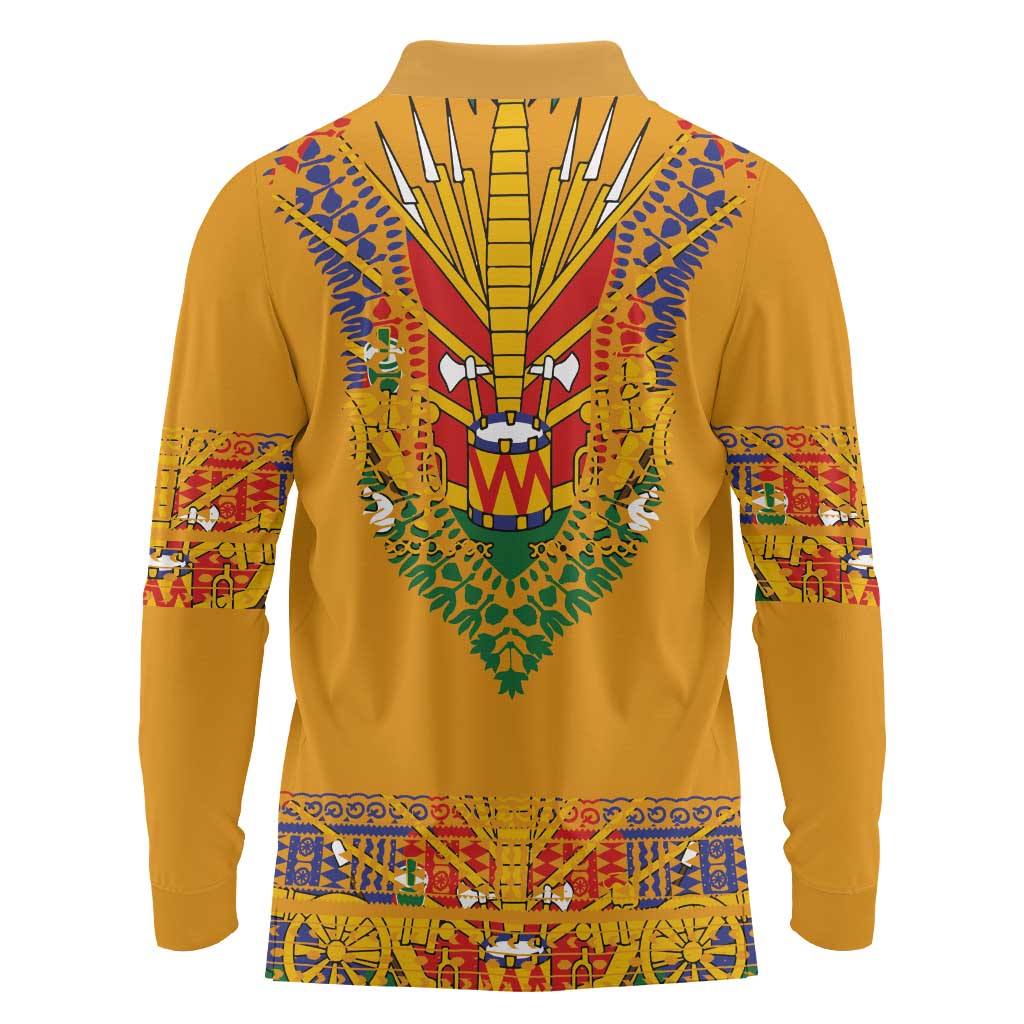 Haiti Flag Traditional Dashiki Long Sleeve Polo Shirt Yellow Color - Polynesian Pride