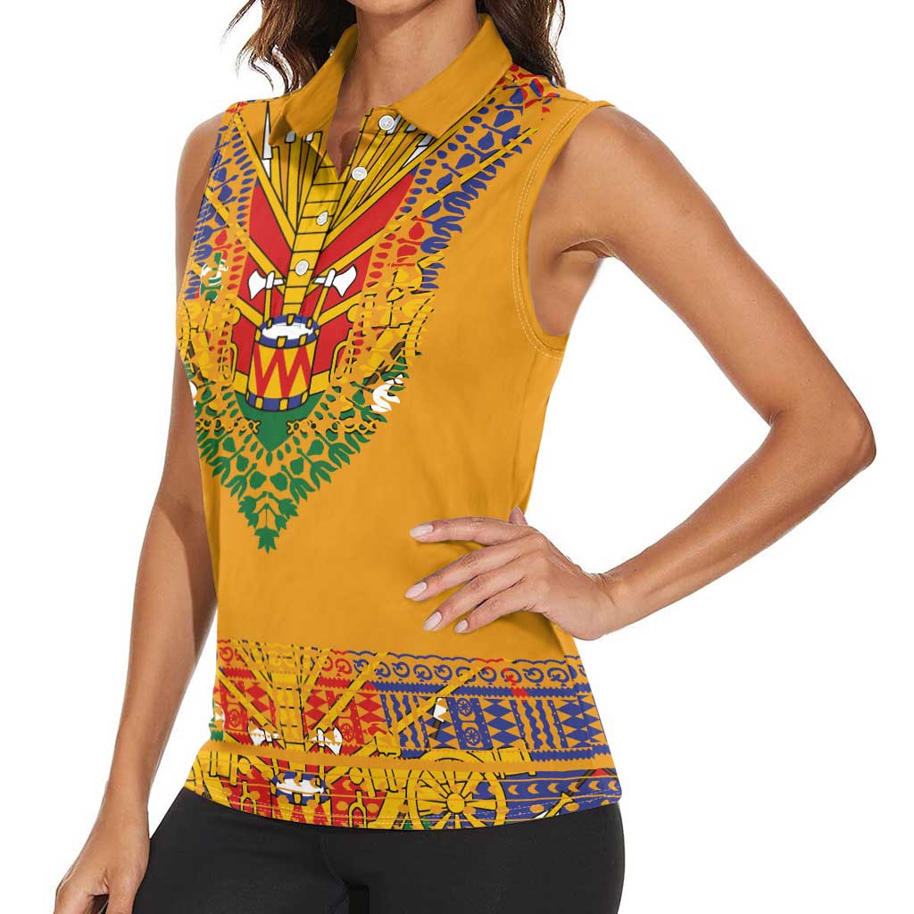 Haiti Flag Traditional Dashiki Women Sleeveless Polo Shirt Yellow Color - Polynesian Pride