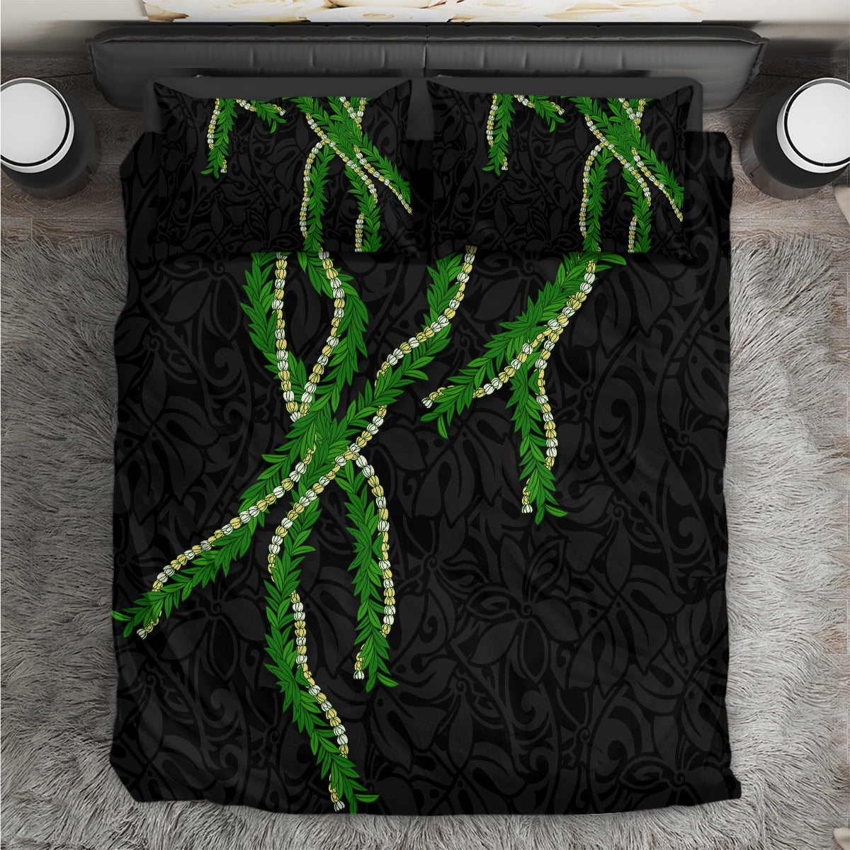 Hawaii Maile Lei Bedding Set Aloha Black Color LT03 Black - Polynesian Pride