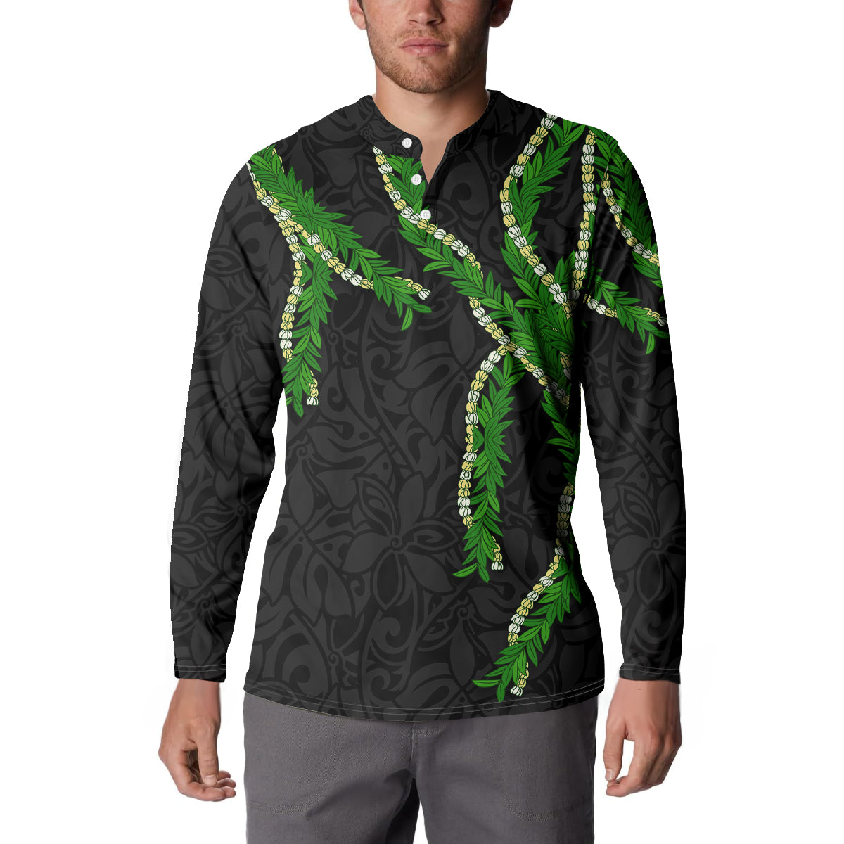 Hawaii Maile Lei Button Sweatshirt Aloha Black Color LT03 - Polynesian Pride