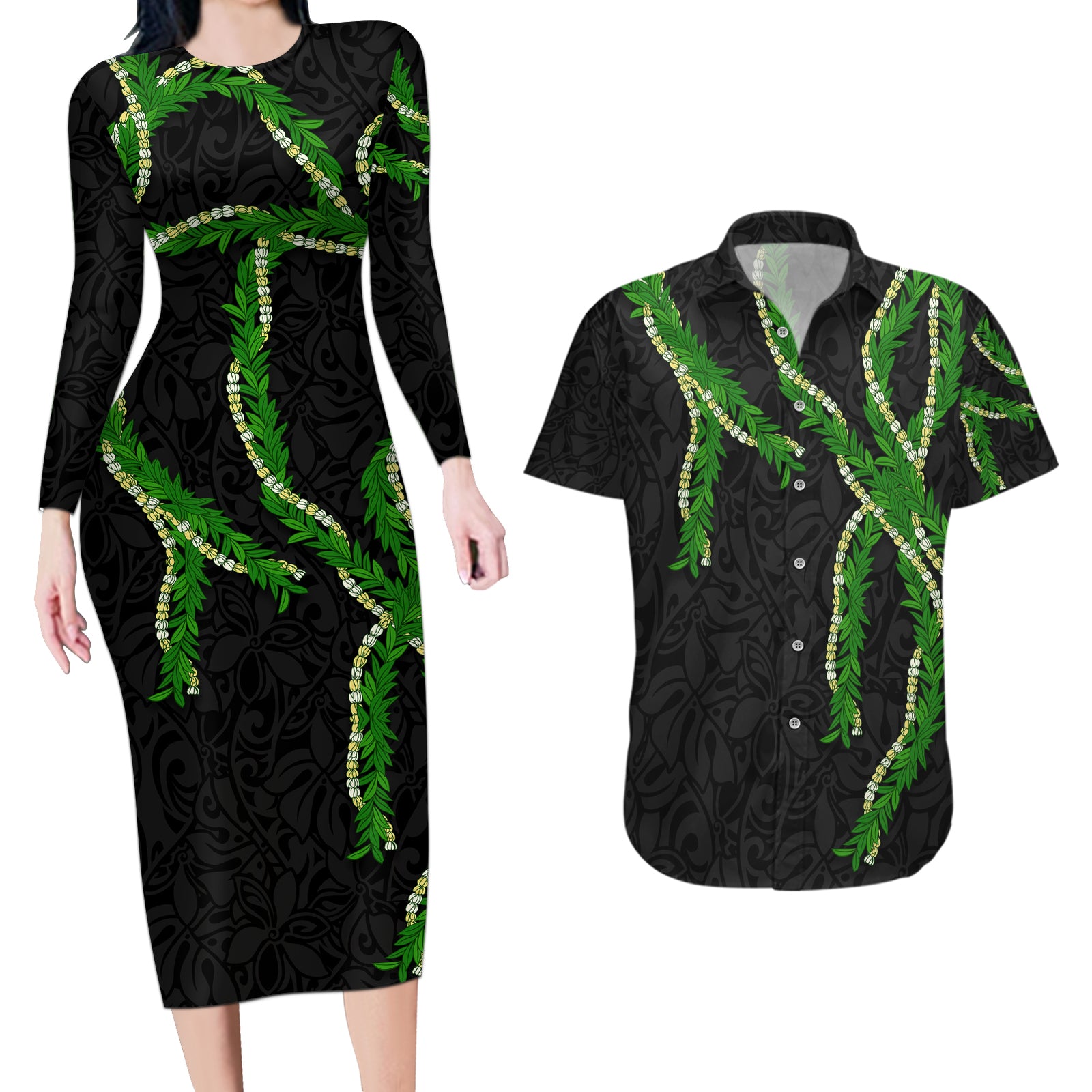 Hawaii Maile Lei Couples Matching Long Sleeve Bodycon Dress and Hawaiian Shirt Aloha Black Color LT03 Black - Polynesian Pride