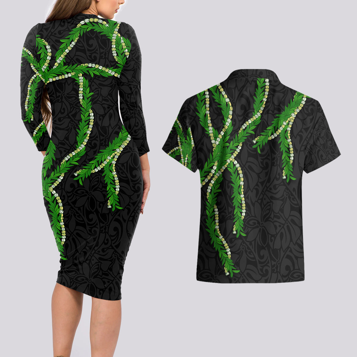 Hawaii Maile Lei Couples Matching Long Sleeve Bodycon Dress and Hawaiian Shirt Aloha Black Color LT03 - Polynesian Pride