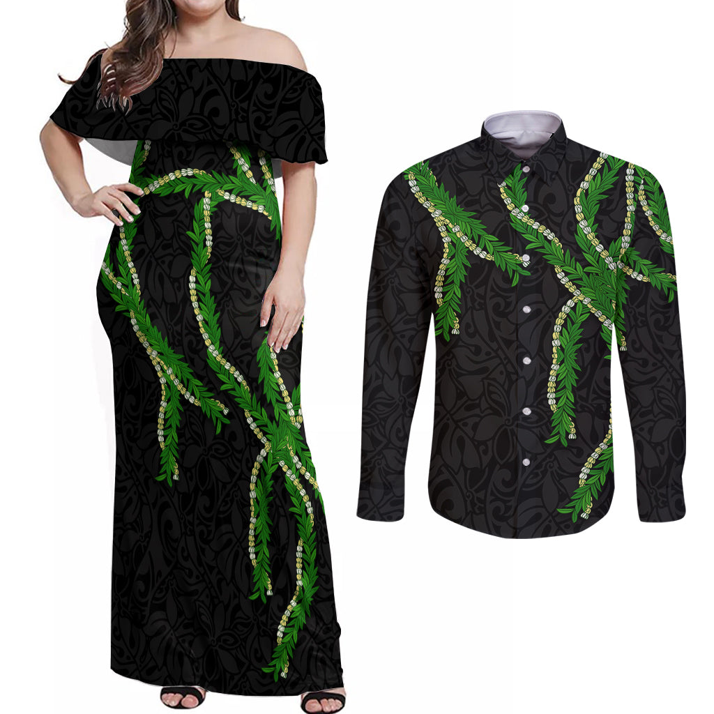 Hawaii Maile Lei Couples Matching Off Shoulder Maxi Dress and Long Sleeve Button Shirt Aloha Black Color LT03 Black - Polynesian Pride