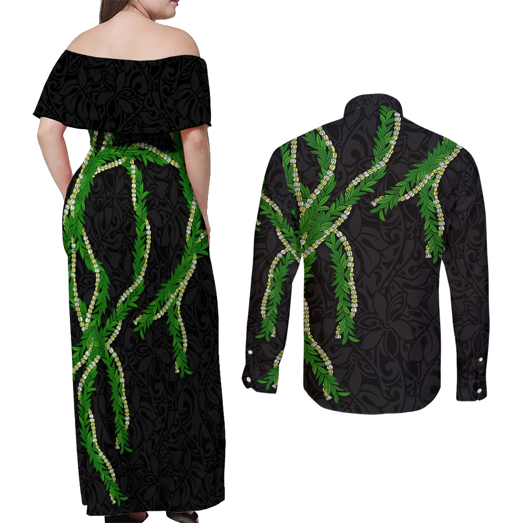 Hawaii Maile Lei Couples Matching Off Shoulder Maxi Dress and Long Sleeve Button Shirt Aloha Black Color LT03 - Polynesian Pride