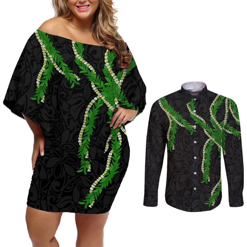 Hawaii Maile Lei Couples Matching Off Shoulder Short Dress and Long Sleeve Button Shirt Aloha Black Color LT03 Black - Polynesian Pride