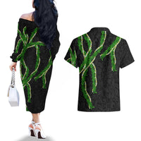 Hawaii Maile Lei Couples Matching Off The Shoulder Long Sleeve Dress and Hawaiian Shirt Aloha Black Color