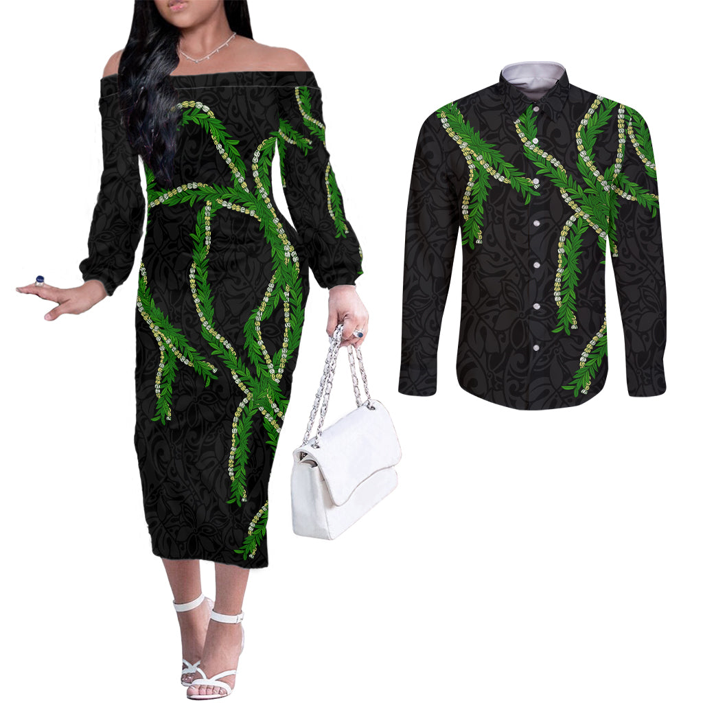 Hawaii Maile Lei Couples Matching Off The Shoulder Long Sleeve Dress and Long Sleeve Button Shirt Aloha Black Color LT03 Black - Polynesian Pride