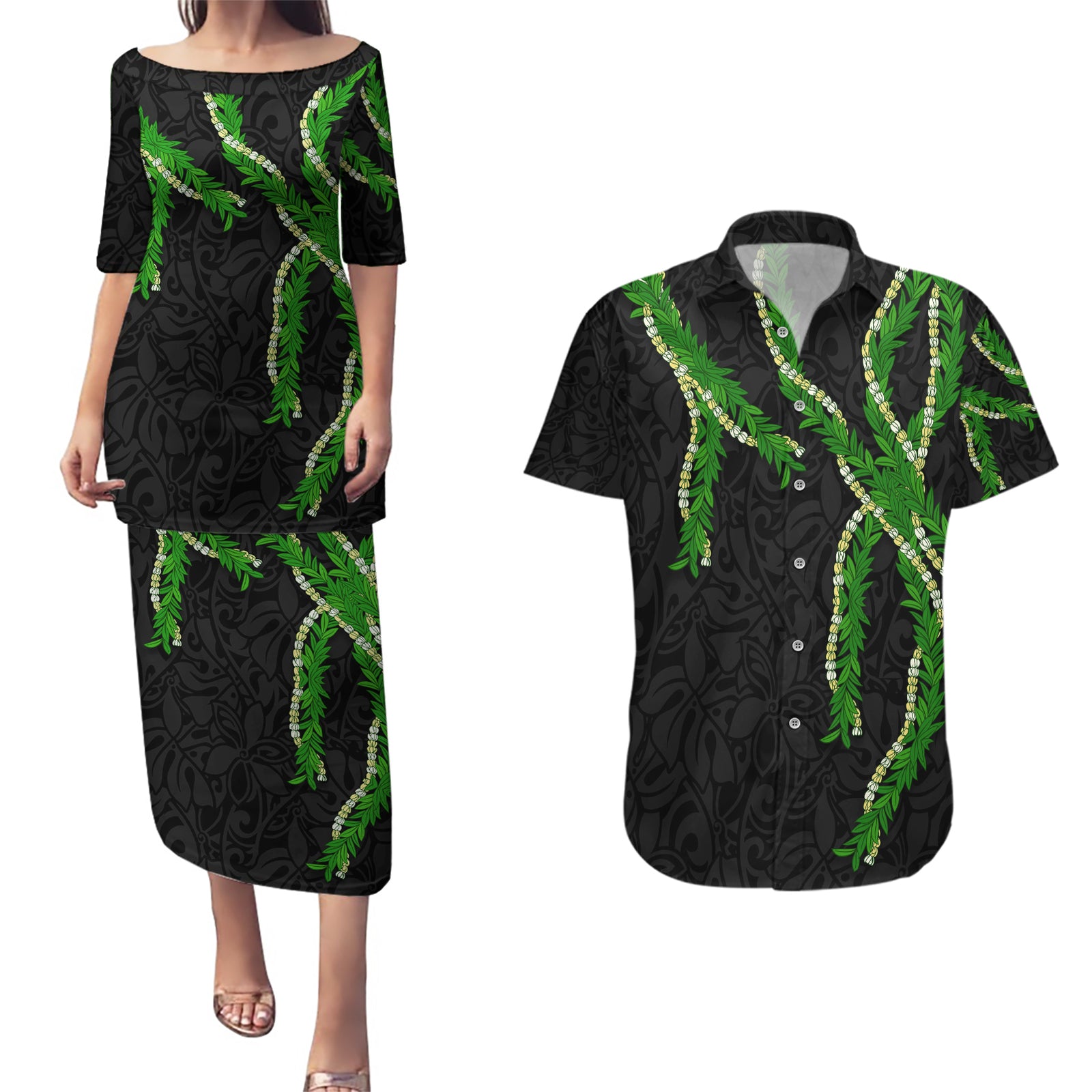 Hawaii Maile Lei Couples Matching Puletasi and Hawaiian Shirt Aloha Black Color LT03 Black - Polynesian Pride