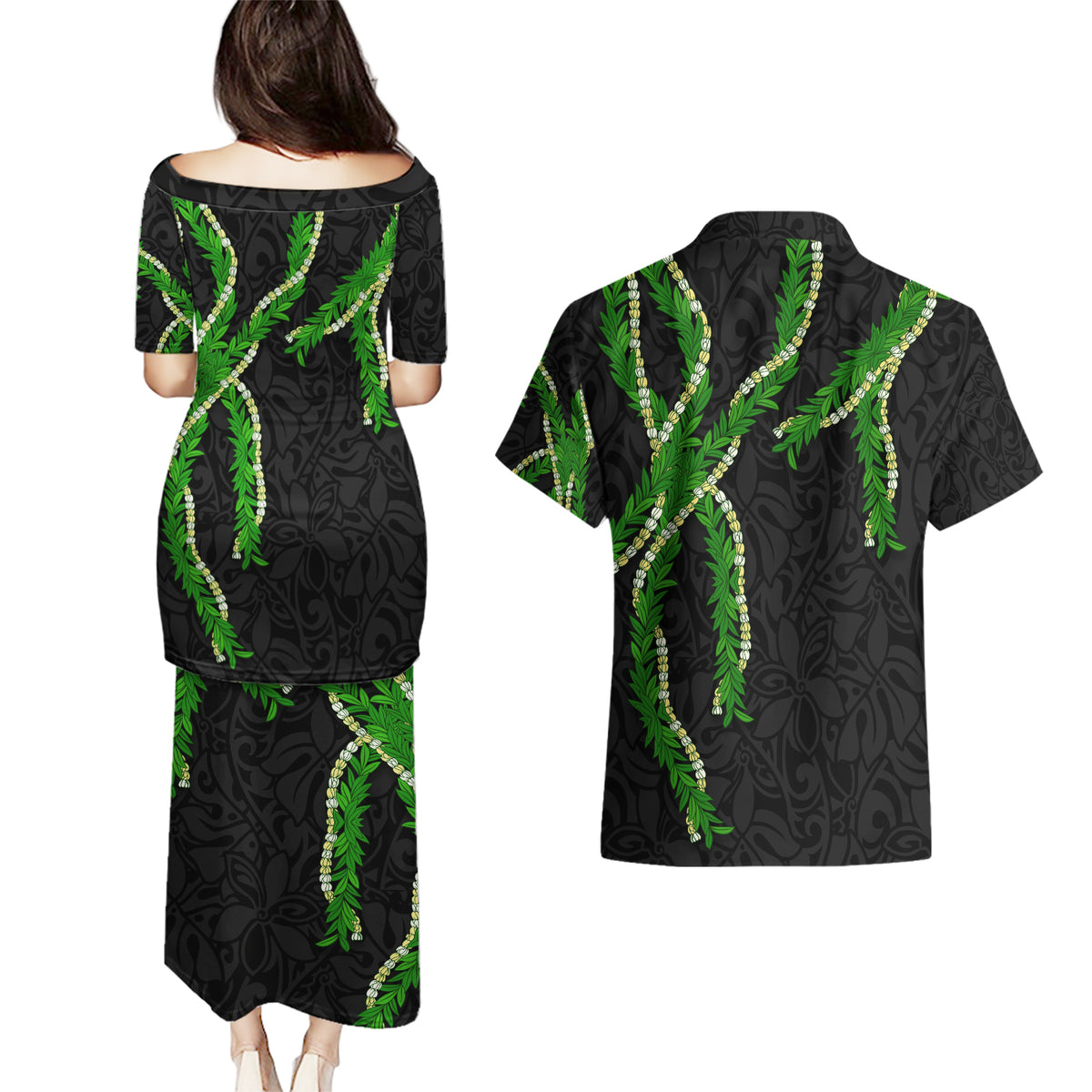 Hawaii Maile Lei Couples Matching Puletasi and Hawaiian Shirt Aloha Black Color LT03 - Polynesian Pride