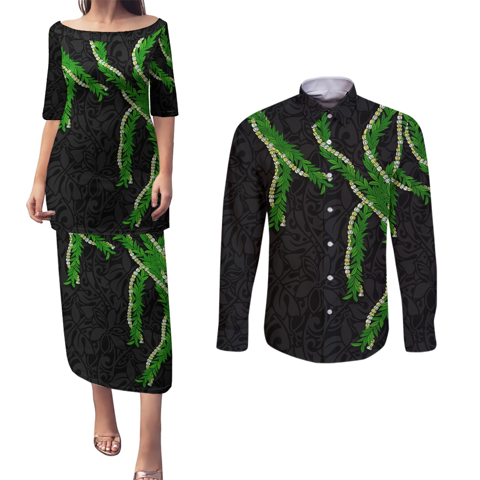 Hawaii Maile Lei Couples Matching Puletasi and Long Sleeve Button Shirt Aloha Black Color LT03 Black - Polynesian Pride
