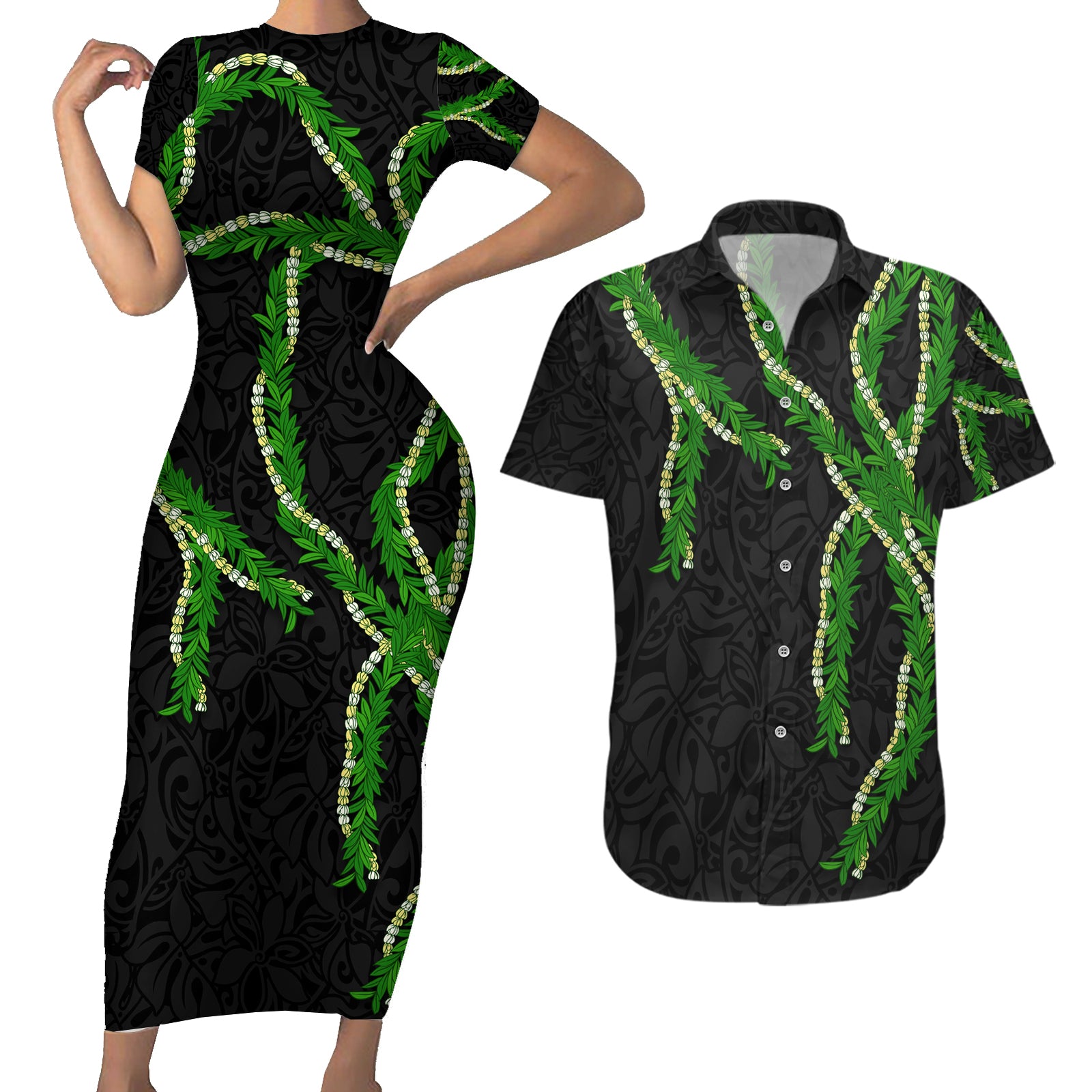 Hawaii Maile Lei Couples Matching Short Sleeve Bodycon Dress and Hawaiian Shirt Aloha Black Color LT03 Black - Polynesian Pride
