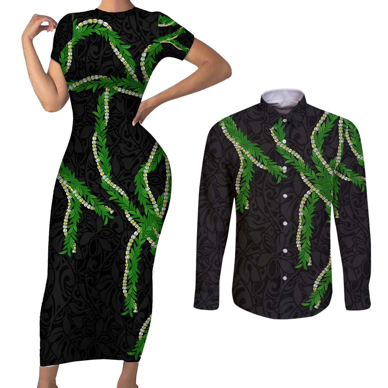 Hawaii Maile Lei Couples Matching Short Sleeve Bodycon Dress and Long Sleeve Button Shirt Aloha Black Color LT03 Black - Polynesian Pride