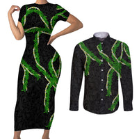 Hawaii Maile Lei Couples Matching Short Sleeve Bodycon Dress and Long Sleeve Button Shirt Aloha Black Color LT03 Black - Polynesian Pride