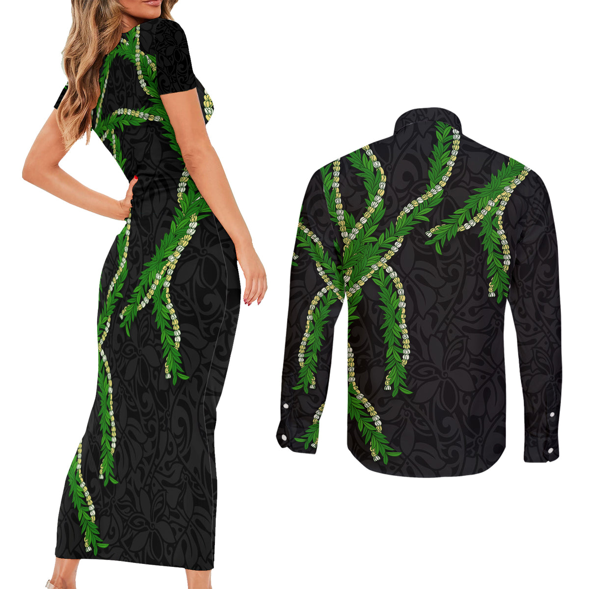 Hawaii Maile Lei Couples Matching Short Sleeve Bodycon Dress and Long Sleeve Button Shirt Aloha Black Color LT03 - Polynesian Pride