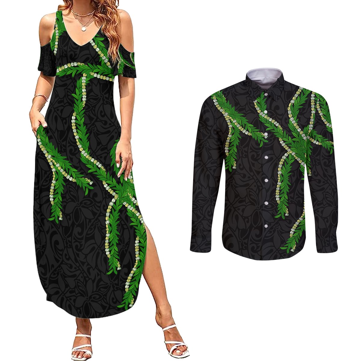 Hawaii Maile Lei Couples Matching Summer Maxi Dress and Long Sleeve Button Shirt Aloha Black Color LT03 Black - Polynesian Pride