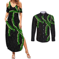 Hawaii Maile Lei Couples Matching Summer Maxi Dress and Long Sleeve Button Shirt Aloha Black Color LT03 Black - Polynesian Pride