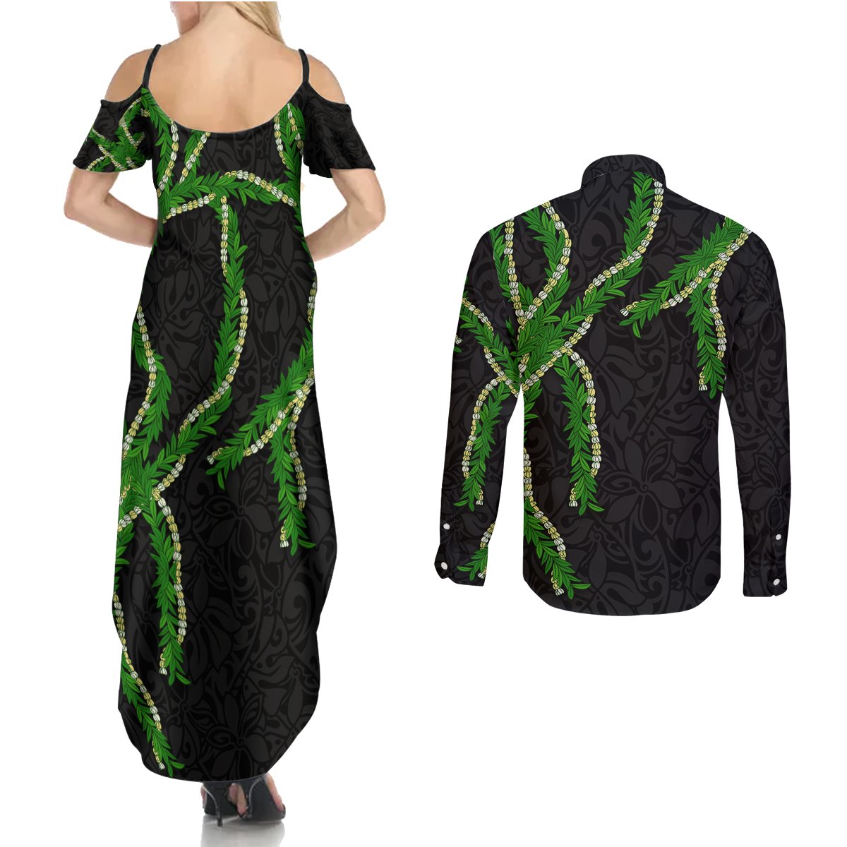 Hawaii Maile Lei Couples Matching Summer Maxi Dress and Long Sleeve Button Shirt Aloha Black Color LT03 - Polynesian Pride