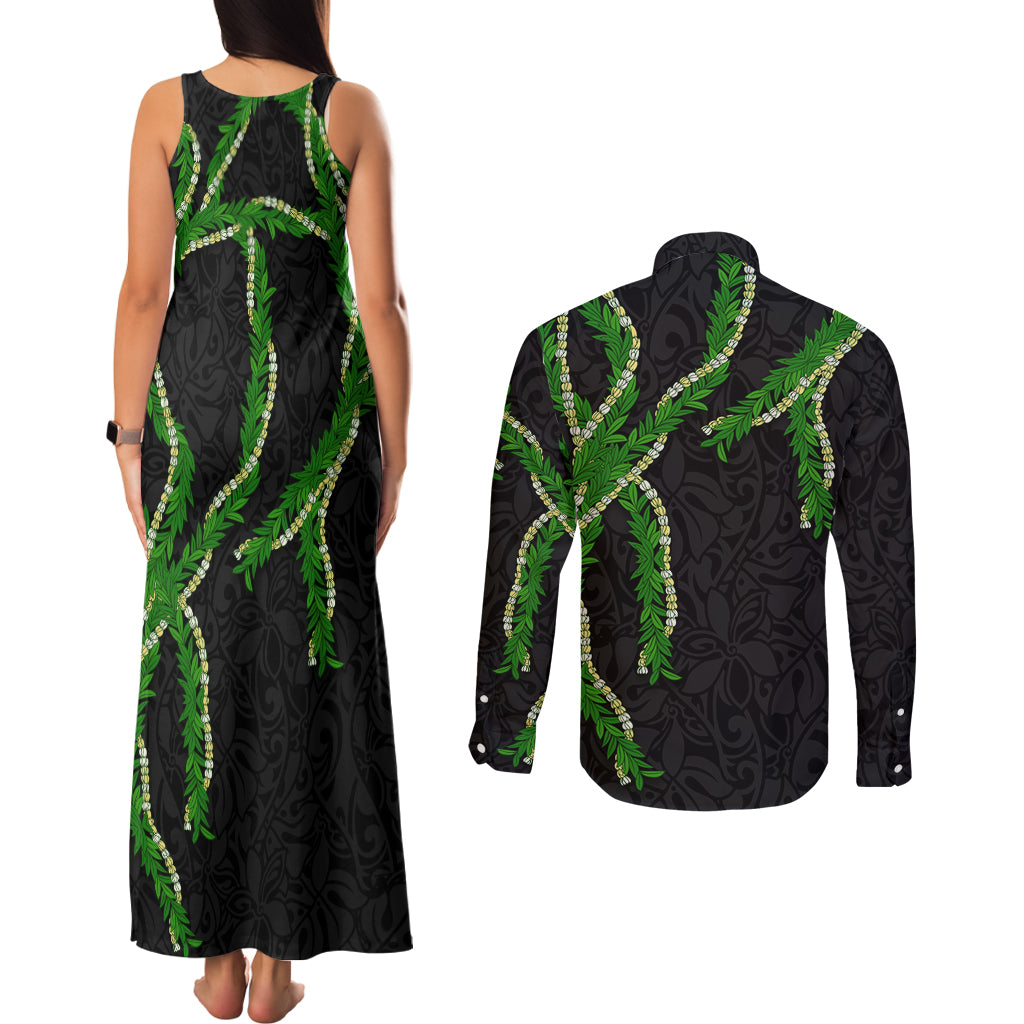 Hawaii Maile Lei Couples Matching Tank Maxi Dress and Long Sleeve Button Shirt Aloha Black Color LT03 - Polynesian Pride